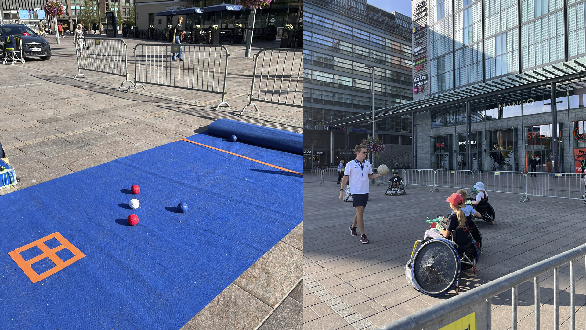 Boccia- ja pyörätuolirugby-kokeilupisteet.