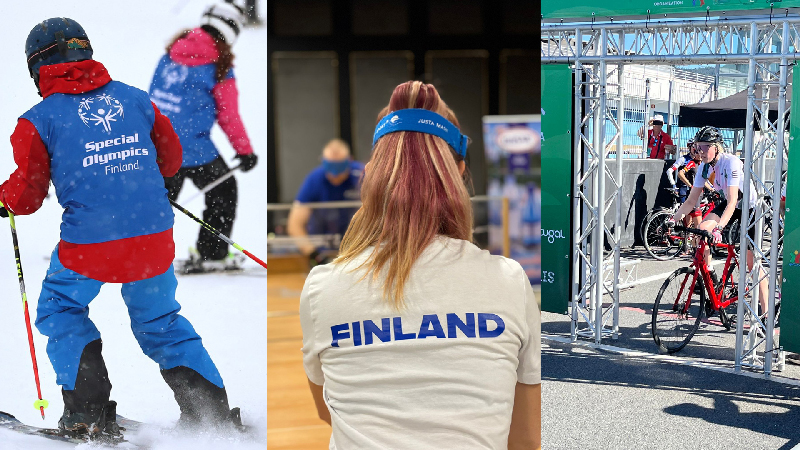 Kuvakollaasi, jossa Special Olympics -urheilija laskettelemassa, sokkopingis -pelaaja turnauksessa ja elinsiirtourheilija pyöräilemässä.