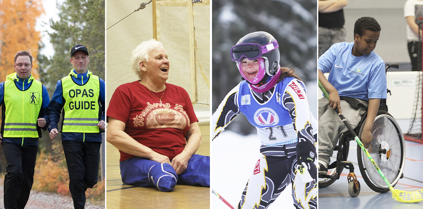 Kuvakollaasi: näkövammainen henkilö juoksemassa opasjuoksijan kanssa, ikäihminen jalka-amputoitu henkilö pelaamassa istumalentopalloa, Special Olympics -alppihiihtäjä ja salibandypelaaja pyörätuolissa