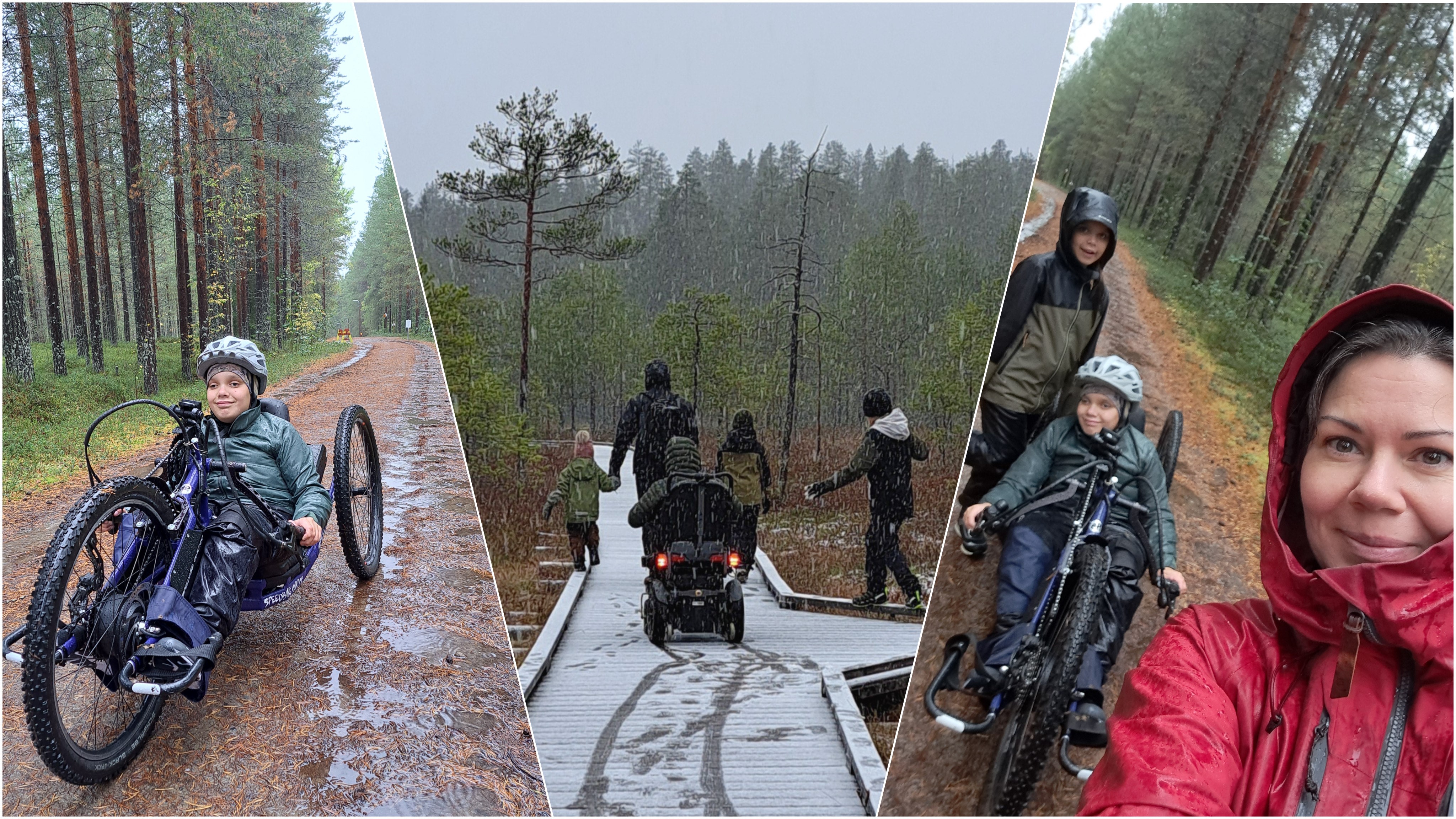 Kuvakollaasi esteettömästä luontoliikunnasta.