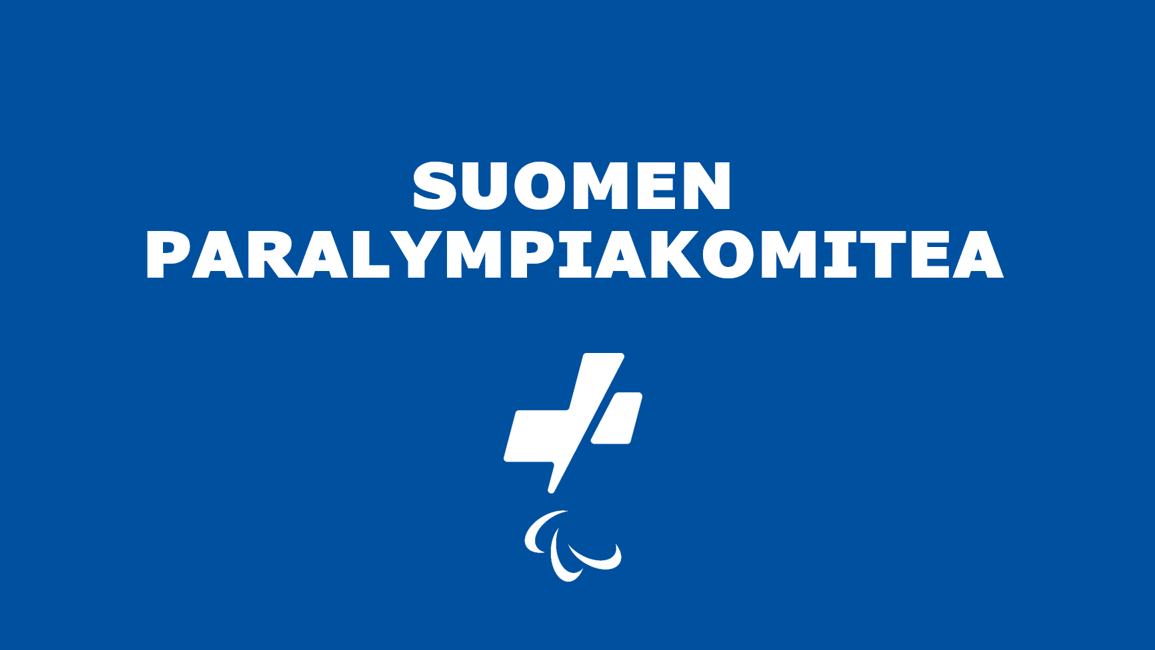 Sinisellä taustalla valkoisella tekstillä: Suomen Paralympiakomitea ja logo.