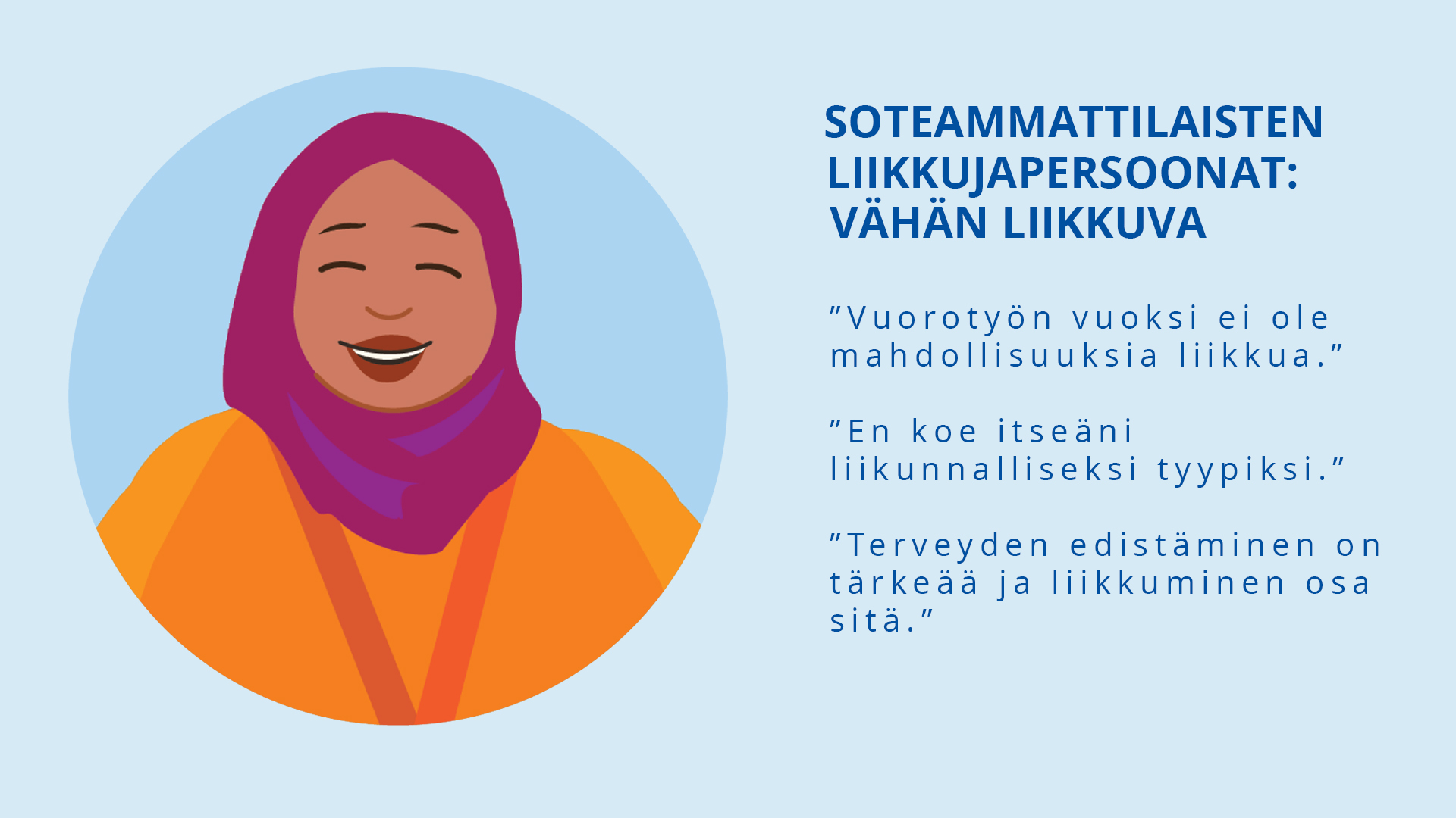 Piirretty kuva soteammattilaisesta ympyrän sisällä. Vieressä teksti: Soteammattilaisten liikkujapersoonat - Vähän liikkuva. Lisäksi kuvitteellisia sitaatteja.